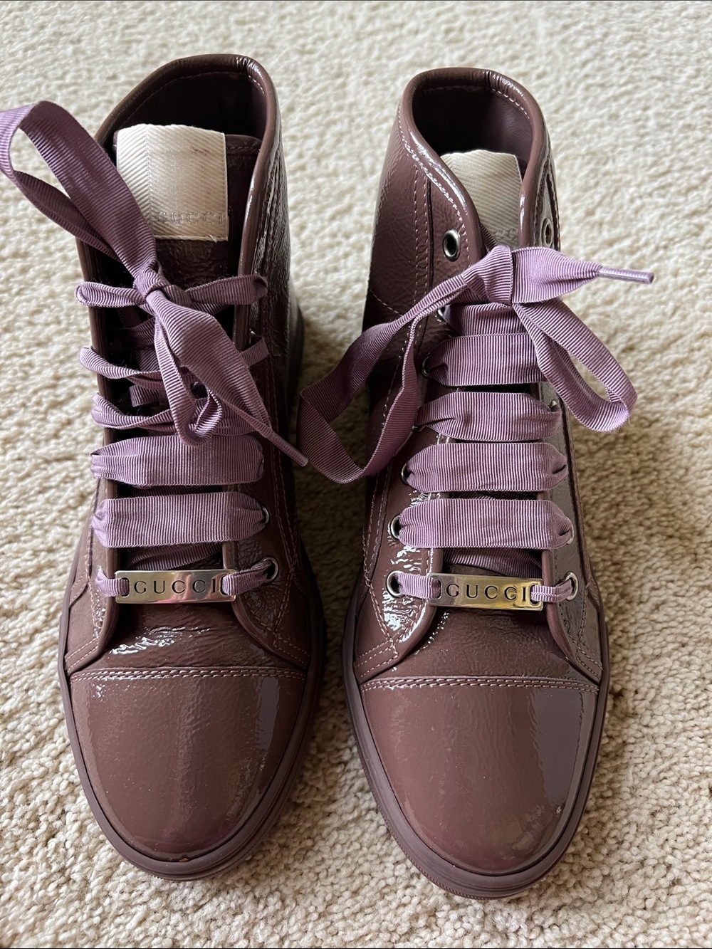Gucci Brown Patent Lace-Up High-Top Boots with Mauve Ribbon Laces